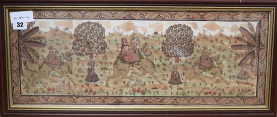 An Indian gouache on silk panel of a procession of camel riders,
